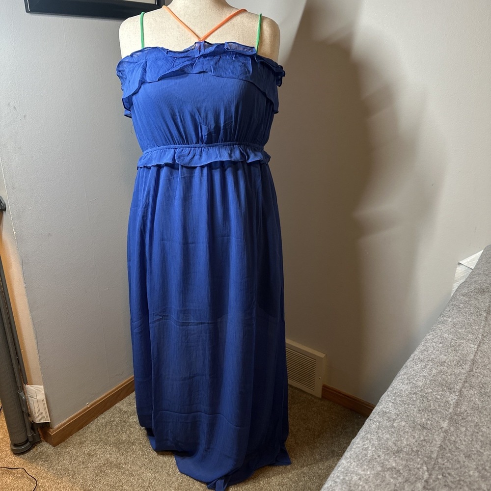 Hayden LA Women's‎ Blue Solid Ruffle Strappy Sleeveless Long Maxi Dress Size L